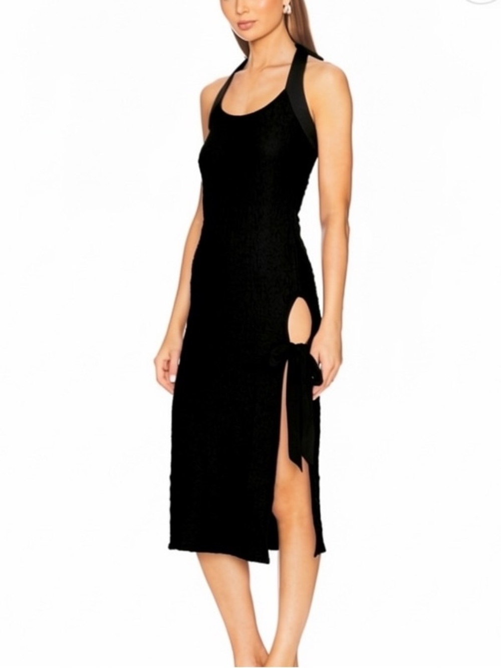 Free People x REVOLVE Sea Foam Textured Midi Tie Halter Dress Beach Side Slit